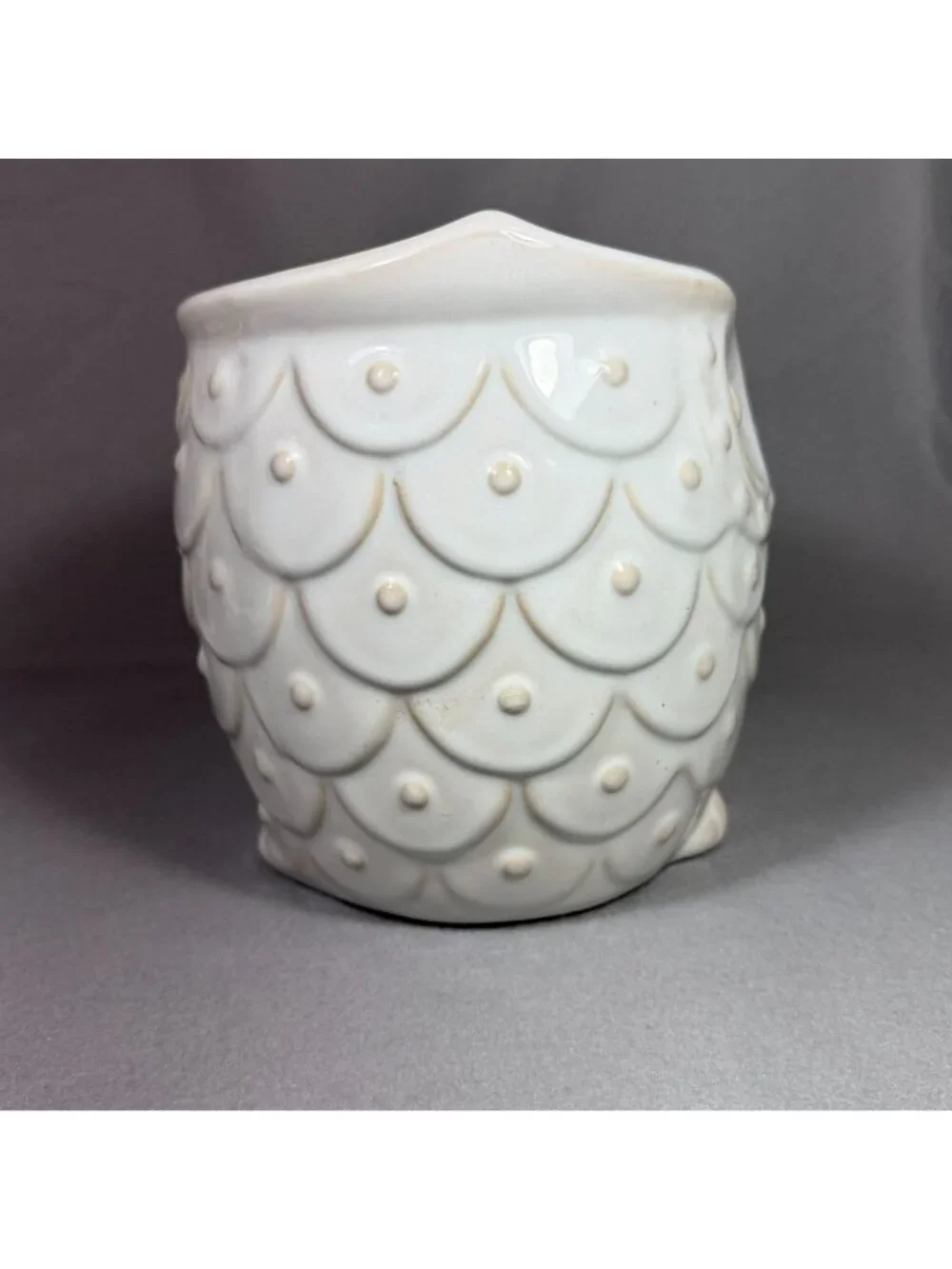 White Ceramic Owl Utensil Holder Crock Embossed Boho Farmhouse Kitchen Decor